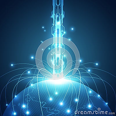 Abstract digital technology connection on Earth concept background, vector illustration Vector Illustration