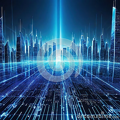 Abstract digital virtual Scanning city for hackers attack Software binary computer code with technology and connection Cartoon Illustration
