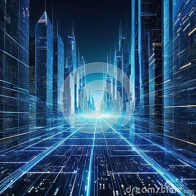 Abstract digital virtual Scanning city for hackers attack Software binary computer code with technology and connection Cartoon Illustration