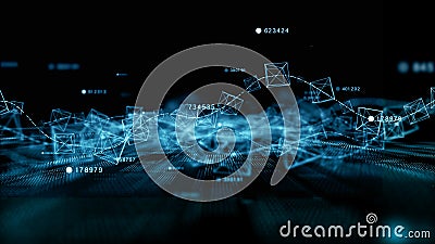 Abstract digital visualization of blockchain technology featuring interconnected lines and geometric shapes on dark background. Stock Photo