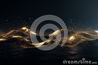Abstract Digital Wave with Shimmering Gold Particles on Dark Background. Luxury and Elegant Technology Background Stock Photo