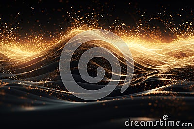 Abstract Digital Wave with Shimmering Gold Particles on Dark Background. Luxury and Elegant Technology Background Stock Photo