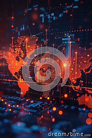 Abstract digital world map with glowing data points and network lines, showcasing global connectivity and data communication Stock Photo
