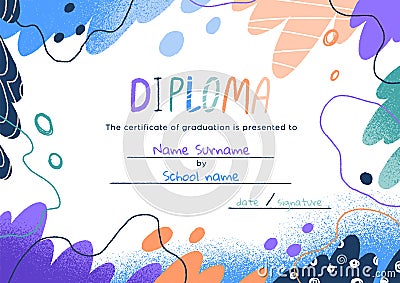 Abstract diploma template for school and kindergarten kids. Childish certificate background with modern creative frame Vector Illustration