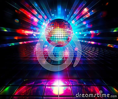 Abstract disco ball with flares, lights above reflective dancefloor Stock Photo