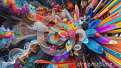 An abstract display combines vivid colors and intricate shapes, capturing the essence of creativity. Dynamic elements swirl togeth Stock Photo