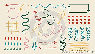 Abstract doodle arrows. Cartoon colored direction pointers, hand drawn straight curly dotter markers. Vector illustration Vector Illustration