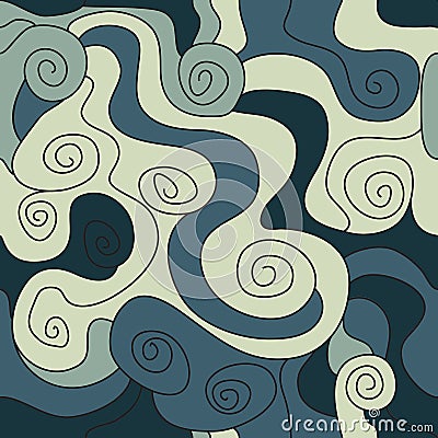 Abstract doodle blue swirl seamless pattern. Vector Illustration
