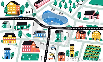 Abstract doodle country. Hand drawn cozy cottage buildings with trees. Countryside road and bushes. Small town map Vector Illustration