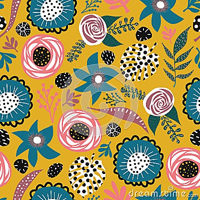 Abstract doodle flowers and leaves seamless vector pattern blue pink white black mustard yellow. Hand drawn flat florals Vector Illustration