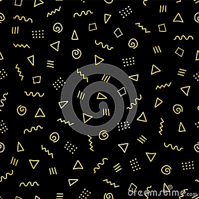 Abstract doodle shapes gold foil seamless vector background. Shiny metallic golden triangles, twirls, squares, dots on black. Vector Illustration