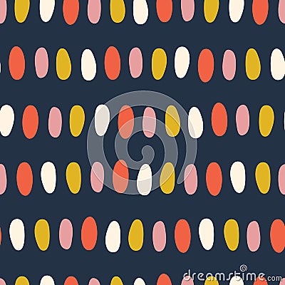 Abstract dots seamless vector kids background. Hand drawn oval dots pattern Coral pink gold yellow white blue. Simple Vector Illustration