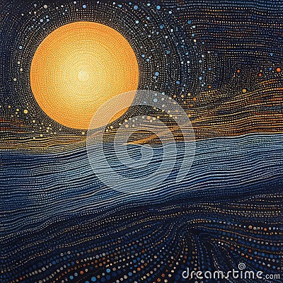 Abstract dotted and striped background. Yellow moon circle on dark blue night sky Stock Photo