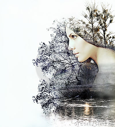 Abstract double exposure of woman and beauty of nature at the su Stock Photo