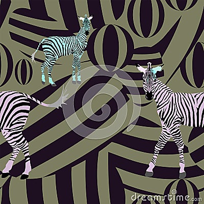 Abstract draw herd zebras pink green black Stock Photo