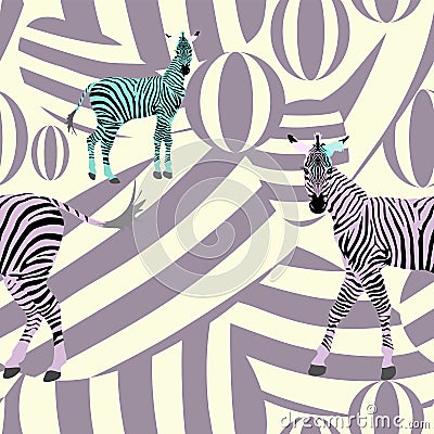 Abstract draw herd zebras pink green black on the background of purple Stock Photo