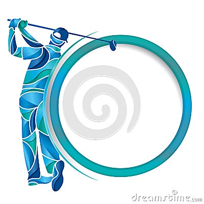 Abstract drawing of man playing golf with a golf club in hands formed by pieces of blue, turquoise and light blue on the left side Vector Illustration