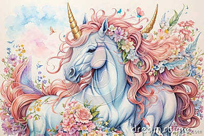 Abstract drawing of unicorns, fairies and rainbows in a watercolor detailed styles background Stock Photo