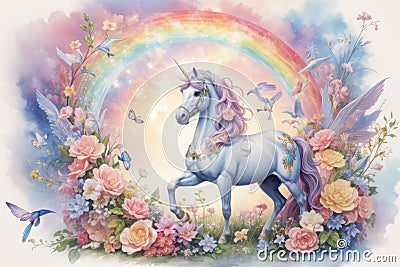 Abstract drawing of unicorns, fairies and rainbows in a watercolor detailed styles background Stock Photo