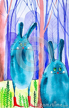 Abstract drops-rabbits got lost in a fairy forest among trees. One of them is wearing red boots. Comic watercolor illustration Cartoon Illustration