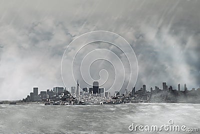 Abstract dull city background with gray clouds and mock up place. Stock Photo