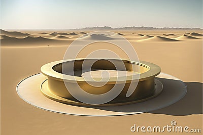Abstract Dune cliff sand with metallic Podium stand platform. Surreal Desert natural landscape background. Created with Stock Photo