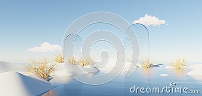 Abstract Dune in winter season landscape with geometric arch. Surreal Beautiful Dream land background. Relax and Clam island scene Stock Photo