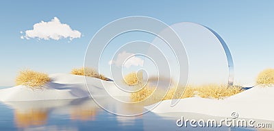 Abstract Dune in winter season landscape with geometric arch. Surreal Beautiful Dream land background. Relax and Clam island scene Stock Photo