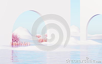 Abstract Dune in winter season landscape with podium platform. Surreal Beautiful Dream land background. Relax and Clam island Stock Photo