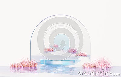 Abstract Dune in winter season landscape with podium platform. Surreal Beautiful Dream land background. Relax and Clam island Stock Photo