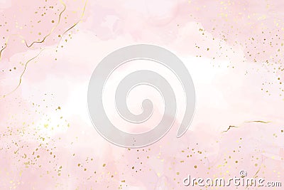 Abstract dusty blush liquid watercolor background with gold stains and lines. Pastel rose marble alcohol ink drawing Vector Illustration