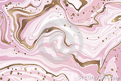 Abstract dusty pink liquid marble background with shiny glitter and gold foil textured stripes. Pastel marbled alcohol Vector Illustration