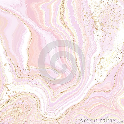 Abstract dusty pink liquid marbled watercolor background with golden crackers. Pastel marble alcohol ink drawing effect Vector Illustration