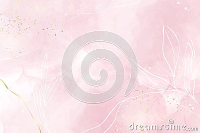 Abstract dusty rose blush liquid watercolor background with gold, floral decoration elements. Pastel pink marble alcohol Vector Illustration