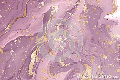 Abstract dusty violet liquid marble or watercolor background with gold glitter stripes and stains. Purple marble alcohol Vector Illustration