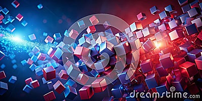 Abstract dynamic cube cluster a vibrant interplay of blue and red metallic cubes in motion, creating a sense of energy and Stock Photo