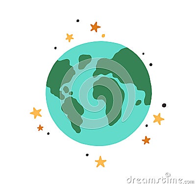 Abstract Earth globe with continents and oceans. Icon of world or planet drawn in doodle style. Colored flat vector Vector Illustration
