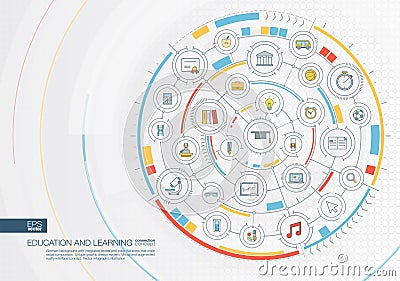 Abstract education and learning background. Digital connect system with integrated circles, color flat icons. Vector Illustration