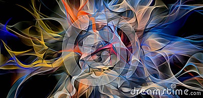 Abstract electrifying lines, smoky fractal pattern, digital illustration art work of rendering chaotic dark background Cartoon Illustration
