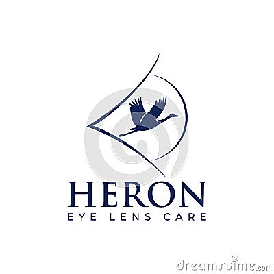 Heron eye lens care logo, vector stork bird on eye Vector Illustration