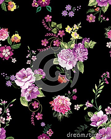 Abstract elegance seamless pattern with floral on black color background. Ready for textile prints. Stock Photo