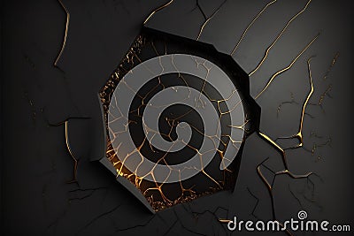 Abstract black background with golden cracks. Generative AI Stock Photo