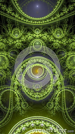 Abstract elegant looking fractal background made out of glowing interconnected rings, circles, arches and balls in green, yellow Stock Photo