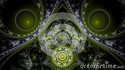 Abstract elegant looking fractal background made out of glowing interconnected rings, circles, arches and balls in green, yellow Stock Photo