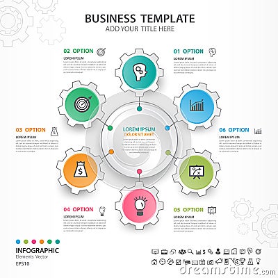 Abstract elements of gear diagram with 6 steps, options, Vector illustration, web design, presentation, diagram, timeline, chart Vector Illustration