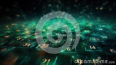 Abstract emerald green background with glowing golden numbers, lights and sparkles. Random digits abstract, gambling, mathematics Stock Photo
