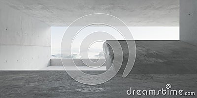 Abstract empty, modern concrete room with multiple levels, open backwall with cloudy mountain view and rough floor - industrial Cartoon Illustration