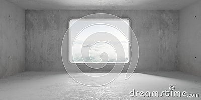 Abstract empty, modern concrete room with rounded square rectangle window opening in the back wall and cloudy mountain view - Cartoon Illustration