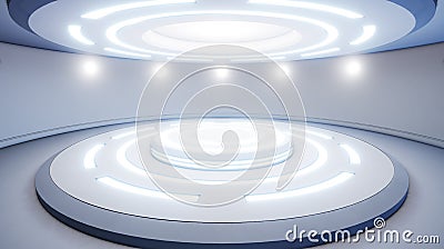 Abstract empty studio with pedestal and blue lighting. Futuristic round pedestal or platform for display. Sci-fi concept. 3d rend Stock Photo