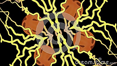 Abstract energy cores on a black background surrounded by fluctuating lines. Design. Energy sphere and wavy stripes. Stock Photo